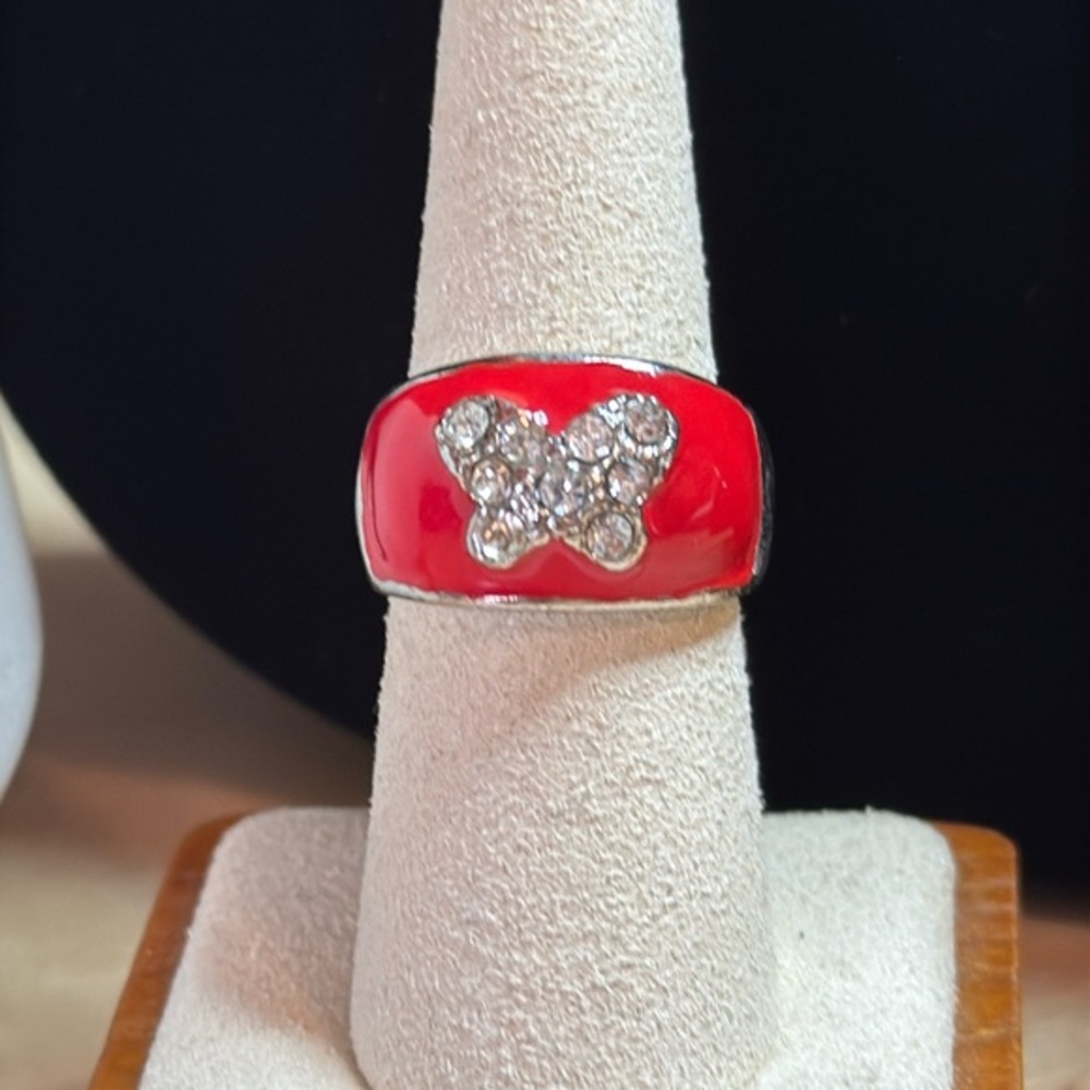 Rhinestone butterfly and red enamel ring